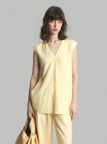 Ontre 2pcs Women's Solid Simple Cotton Casual Sleeveless Top And Pants Set, Cream Yellow, For Autumn, Back To School, Daily Wear