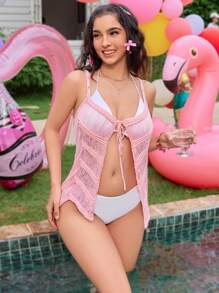 SHEIN Swim Summer Ladies' Vacation Front Tie Split Hem Cami Dress Cover-Up - Pink - View 4