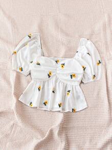 Soleia 度假休闲刺绣泡泡袖衬衫、短袖上衣 - 黃色 - 查看 3