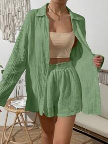 SHEIN VCAY Holiday Casual Solid Color Drop Shoulder Long Sleeve Shirt And Shorts Set - Army Green - View 5