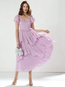 Enchnt Women's Princess Romantic Plain Pink Summer Holiday Elegant Solid Color Ruffled Waist Cinched Waist Dress For Graduation Party,Cocktail And Prom  - Mauve Purple - View 4