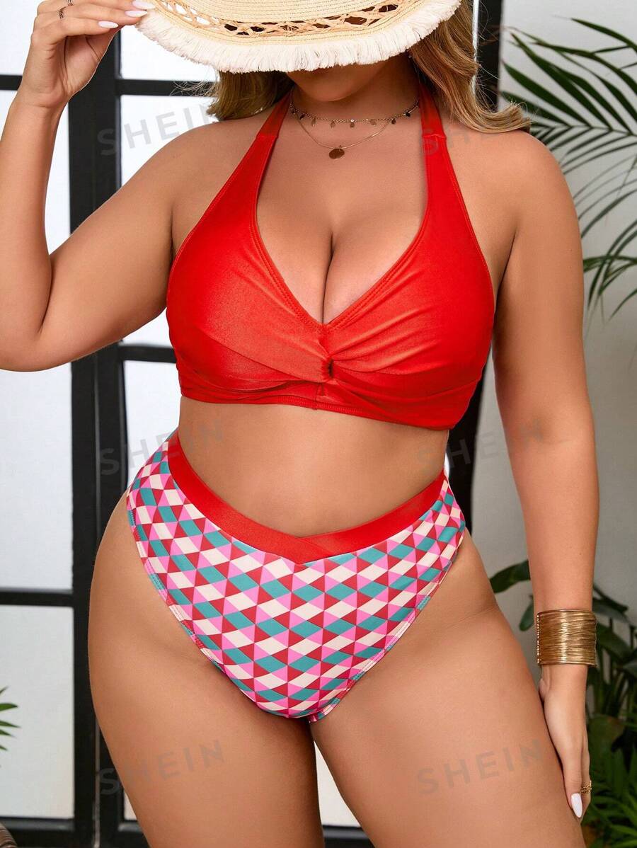SHEIN Swim Curve Modischer Bikini-Set für Damen in Große Größen im Sommer - Rot - Übersicht 1