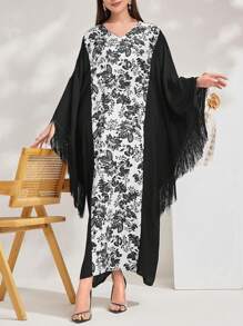 Al Najma Kaftan con cuello en V, mangas de murciélago, estampado y flecos, Abaya tradicional árabe - Negro - Ver 7