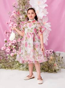 SHEIN Elegant And  Jacquard Short-Sleeved Dress With Stand Collar, For Tween Girls In Extended Sizes, Spring/Summer
