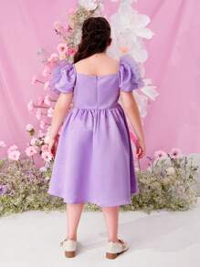 SHEIN Elegant And  Spring/Summer Wedding Dress Satin Mesh Short Sleeves Square Neckline Dress For Tween Girls (Extended Size)