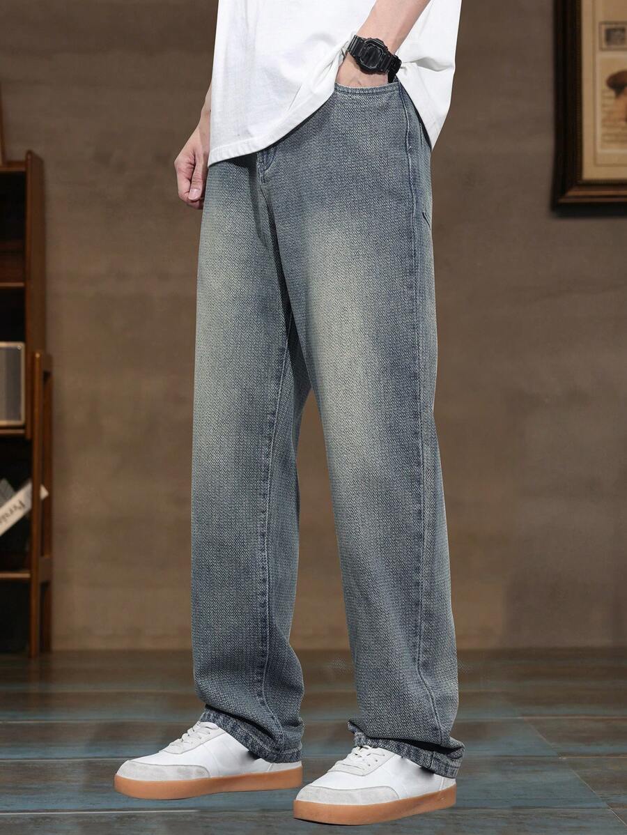 Quần Jeans Ống Thẳng Rộng Cho Nam, Vải Jacquard Họa Tiết Bầu Trời Đầy Sao, Quần Jeans Dài Rộng, Thường Ngày Và Đa Năng Để Mặc Hàng Ngày, Màu Sáng Giặt Đơn Giản, Quần Jeans Y2K - Rửa tối - Xem 1