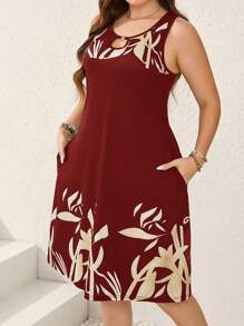 EMERY ROSE Plus Size Rỗng Out Keyhole Cổ In Hình Thực Vật Không Tay Mùa Hè Thường Ngày - Đỏ - Xem 3