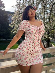 Flirla Plus Size Summer Holiday Style Floral Print Bodycon Mini Dress With Small Flower Pattern