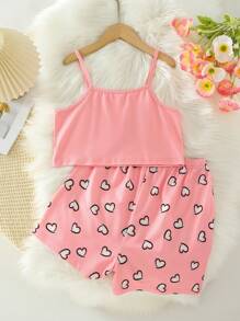 Conjunto de pijama casual simples para meninas adolescentes, com regata e shorts estampados com corações.