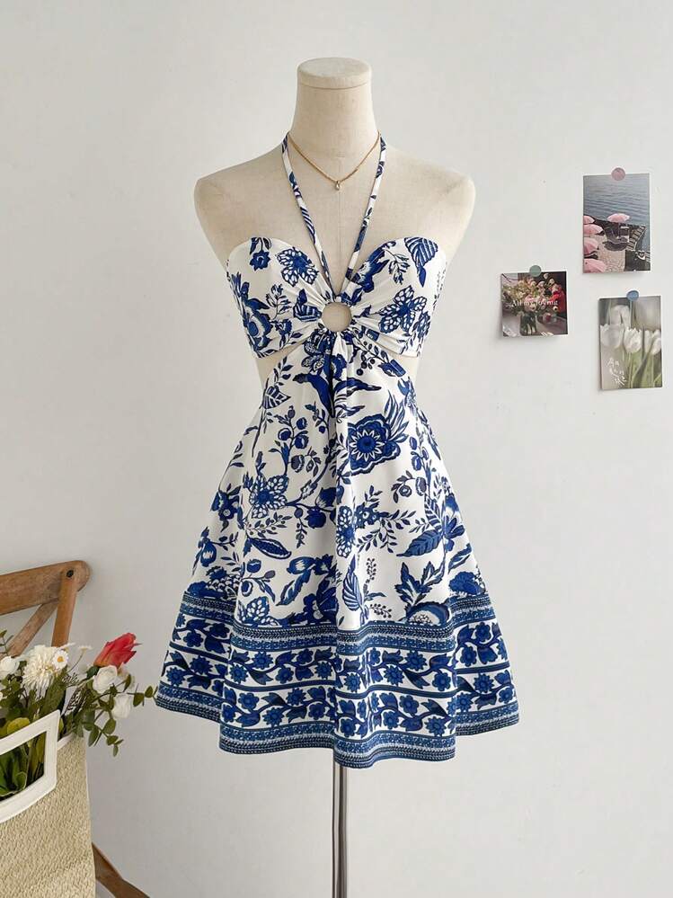 Soleia Vestido romántico de vacaciones casuales, azul y blanco, con estampado de flores, cuello halter, cintura ajustada y escote hueco para mujeres - Azul y blanco - Añade 1