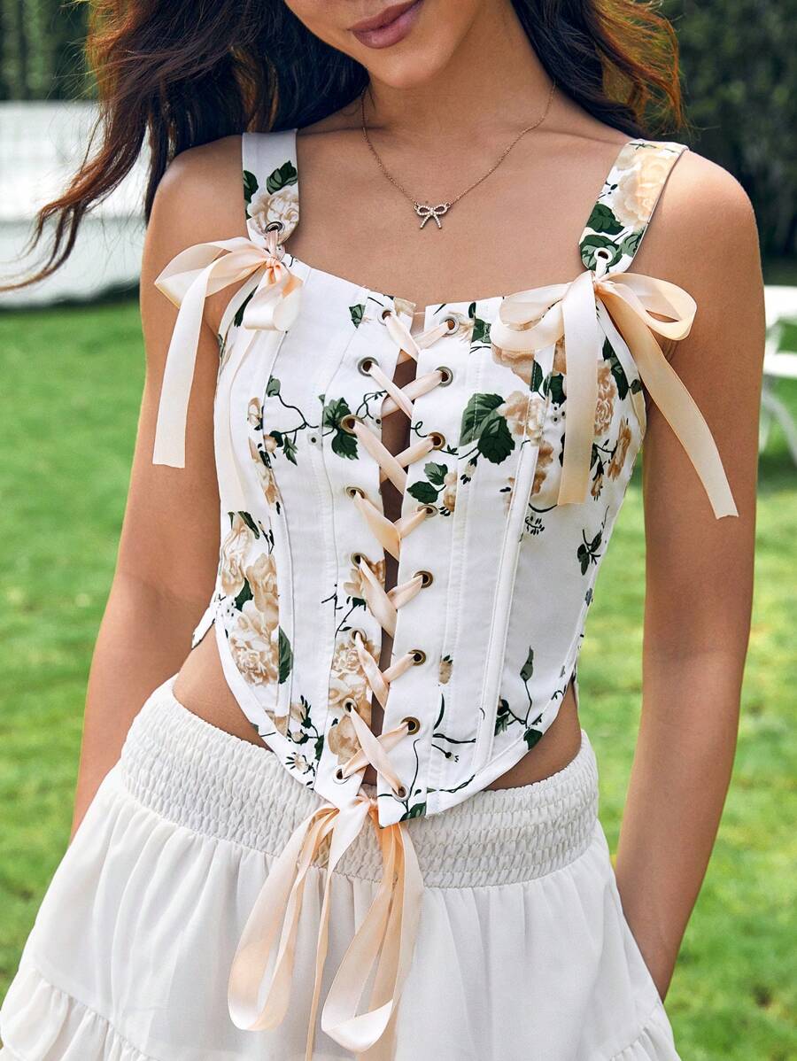 Zolique Women's Fashionable Fishbone Strap Asymmetrical Print Tank Top With Flounce Hem Summer Graduation Crop Women Tops - Multicolor - View 1