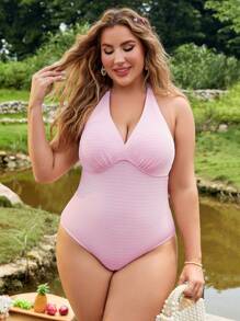 SHEIN Swim Curve Traje de baño Monokini de talla grande con rayas, cuello en V, tirantes de hombro halter y espalda descubierta, ideal para verano - Multicolor - Ver 3