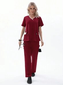 TaskEZ Burgundy Red Dagacci Uniform Women's Scrub Set Stretch Contrast Binding Top And Pants 12 Pockets - Burgundy - View 6