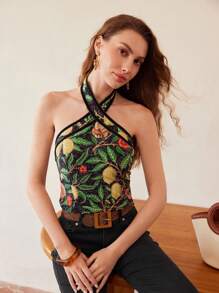 MOTF PREMIUM PLANTS PRINT CRISSCROSS HALTER TOP