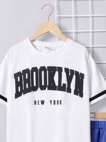 SHEIN Tween Boy Letter Print Casual Sports Round Neck Short Sleeve T-Shirt And Shorts Set
