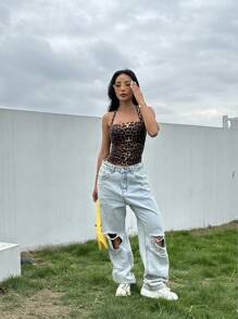 SHEIN EZwear Summer Casual Women's Y2K Leopard Print Halter Crop Top - Brown - View 3