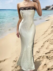 SHEIN VCAY 假期純色絲綢及花邊拼接高衩無袖性感長裙 - 米色 - 查看 1