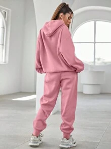 RueChic Women'S Letter Embroidery Drawstring Hoodie And Sweatpants Two-Piece Set - Pink - View 2