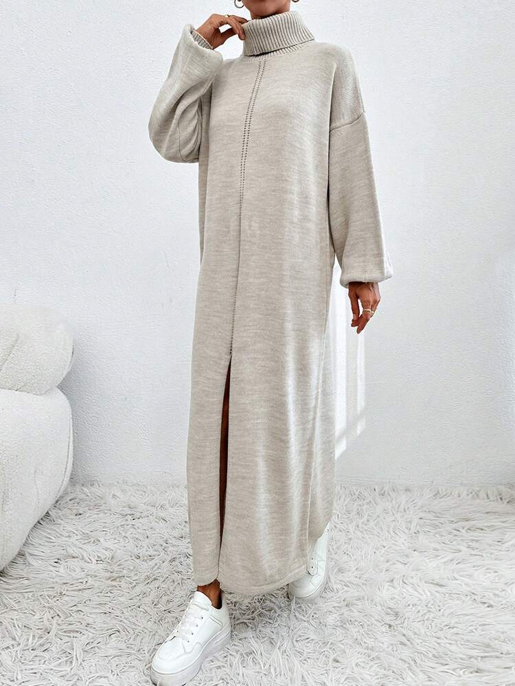 Women's Long Turtleneck Sweater  Dress With Drop Shoulder Sleeve Shape - Apricot - View 5