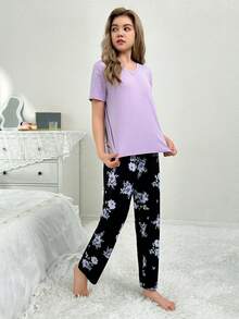 Conjunto de ropa de casa de 2 piezas para adolescente con parte superior morada de manga corta pura y pantalón con estampado floral morado - Morado - Ver 4