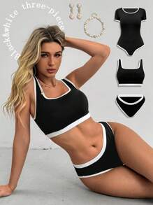 Easithlete Conjunto deportivo para mujer de vacaciones minimalista con rayas de contraste - Blanco y Negro - Ver 1