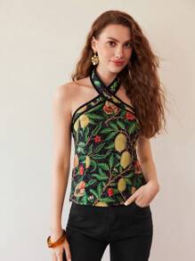 MOTF PREMIUM PLANTS PRINT CRISSCROSS HALTER TOP