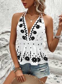 Breezaya Áo không tay cổ yếm in hoa có viền xù, hoàn hảo cho kỳ nghỉ hè - trắng - Xem 6