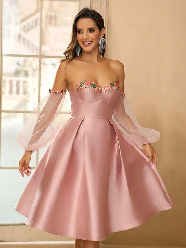 Women's Elegant Romantic Delicate Lovely Alice Blue Satin Off Shoulder Dress With Ribbon Embellishment, Puff Sleeve With Pleating Detail, High Waist A-Line Hem Dress, Perfect For Beach Holiday, Music Festival, Graduation, Prom, Wedding, Evening Party, Cocktail Party, Single Party, Afternoon Tea, Date Or Gathering