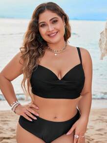 SHEIN Swim Curve Plus Size Summer Solid Color Beach Camisole Bikini Top,Summer Beach - Black - View 7
