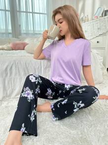 Conjunto de ropa de casa de 2 piezas para adolescente con parte superior morada de manga corta pura y pantalón con estampado floral morado - Morado - Ver 1