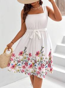 SHEIN Frenchy Váy Hawaii không tay in hoa mùa hè với đường viền cổ vuông và thắt lưng - Nhiều màu - Xem 6