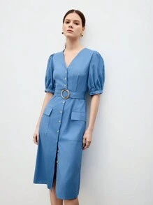 BizChic 棉泡泡袖翻蓋口袋繫腰帶洋裝工作服