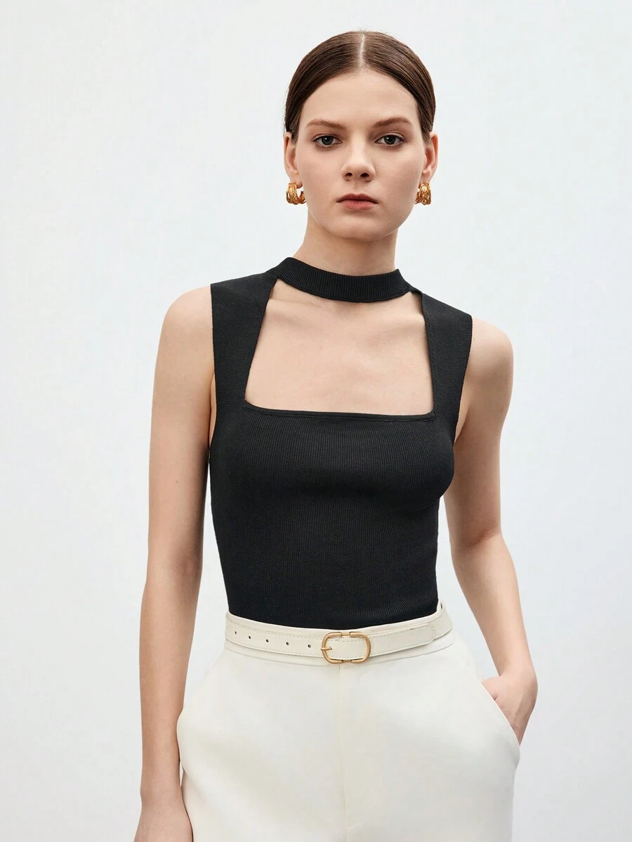 BizChic 前鏤空條紋針織上衣工作服 - 黑色 - 查看 1