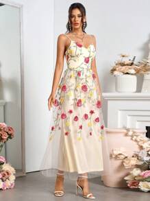 SHEIN Belle 女士網紗刺繡V領優雅伴娘禮服，細肩帶款式 - 米色 - 查看 1