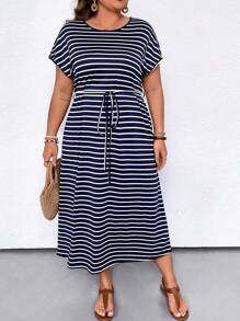 Women's Plus Size Casual Long Striped Print Batwing Sleeve Dress With Waist Tie And Round Neckline For Summer Maxi Women Outfit - Navy Blue - View 1