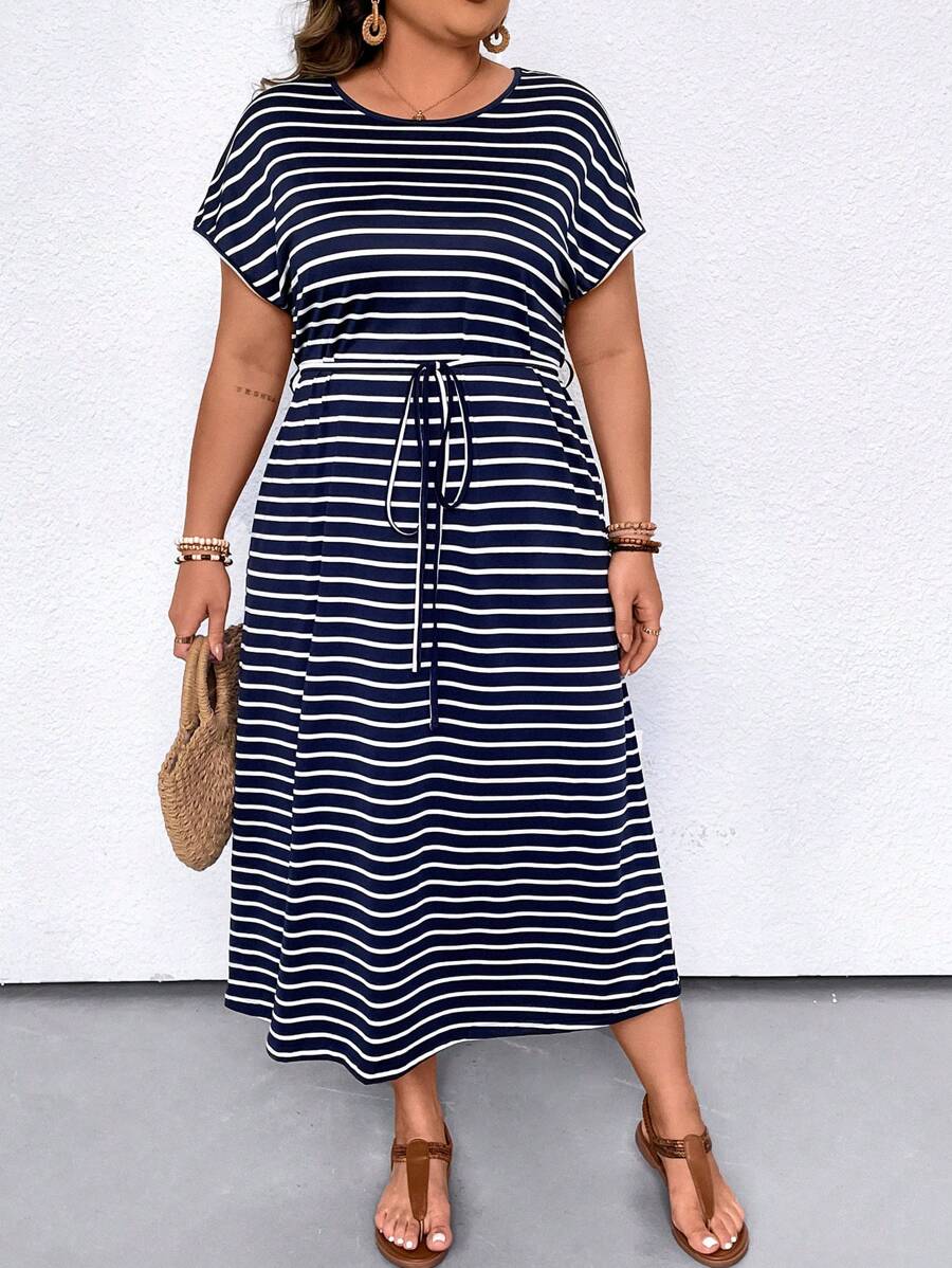 Women's Plus Size Casual Long Striped Print Batwing Sleeve Dress With Waist Tie And Round Neckline For Summer Maxi Women Outfit - Navy Blue - View 1