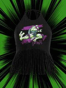TEENAGE MUTANT NINJA TURTLES | SHEIN Plus Size Knitted Fringe Hem Turtle Print Black Halter Top - Black - View 1