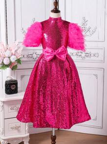 Tween Girl Mesh Puffed Sleeve Sequin Flared Dress - Hot Pink - View 1