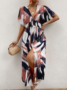 Chiquease Váy in hình cánh dơi kiểu Pháp có nút xẻ viền phía trước - Màu Tím - Xem 4