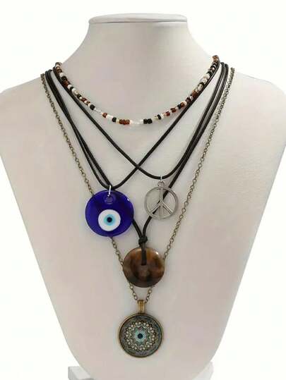 Fairycore 5pcs Vintage Bohemian Rice Bead Gemstone Pendant Necklace Set