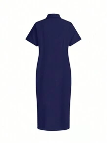 SHEIN LUNE Loose Solid Color Button Front Shirt Dress For Summer Maxi Women Outfit