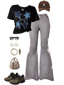 SHEIN Conjunto de dos piezas de estilo callejero de moda punk para niña preadolescente con camiseta de manga corta y pantalones largos casuales