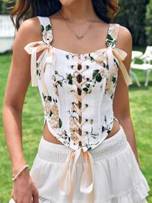 Zolique Women's Fashionable Fishbone Strap Asymmetrical Print Tank Top With Flounce Hem Summer Graduation Crop Women Tops - Multicolor - View 5