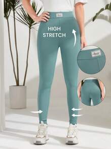 Mulvari Letter Patched Detail Ribbed Knit Leggings - Mint Green - View 2