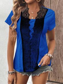 SHEIN LUNE T-shirt à manches courtes pour dames avec bordure en dentelle et boutons pour l'été