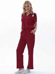 TaskEZ Burgundy Red Women Nurse Uniform Matte Scrubs Set, V-Neck Scrub Top With 1 Pocket & Drawstring Scrub Pants With 4 Pockets - Burgundy - View 4
