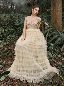 Faeriesty 亮片修身胸衣搭配對比色網紗疊層與荷葉邊裙擺，女士正式舞會禮服 - 杏色 - 查看 7