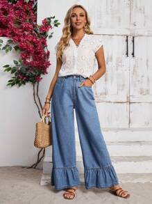 SHEIN Tall Women's Ruffled Hem Wide Leg Loose Casual Denim Jeans - Blue - View 4
