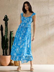 Forever 21 Nouvelle robe de style estival longue et romantique à bretelles nouées avec imprimé, ourlet volanté pour les vacances - Bleu azur - Voir 3