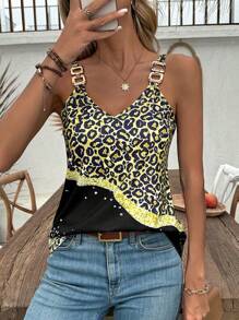 SHEIN LUNE Top de camisola para mujer con estampado de leopardo y correa de cadena - Multicolor - Ver 7